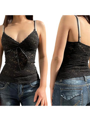 BXOXO Retro Lace Tops Bow Camis Sleeveless Casual Straps V-neck Black Vintage Tank Top Women Chic Crop Summer 2000s Clothes y2k Tops