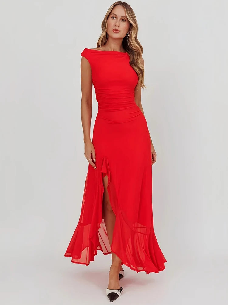 BXOXO Sleeveless Ruffled Split Maxi Dress For Women Gown Mesh O Neck Oblique Shoulder Backless High Waist Slim Fit Club Dress