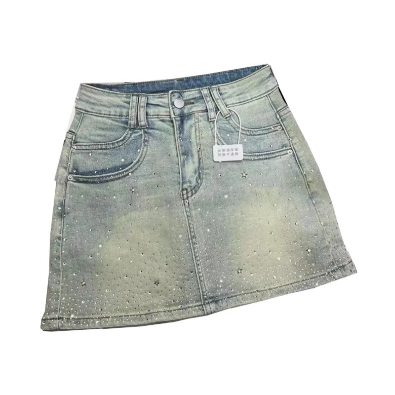 Bxoxo Starry Hot Rhinestone Denim Skirt for Women 2024 Summer New Retro Slimming a-Line Sheath Denim Skirt