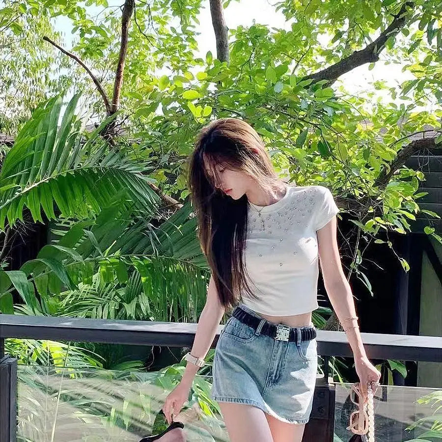 Bxoxo Cotton Short Sleeve T Shirt for Women Summer Sexy Slim 3D Artificial Diamond Inlay Crop Tops Y2K Harajuku O Neck All-Match Tees
