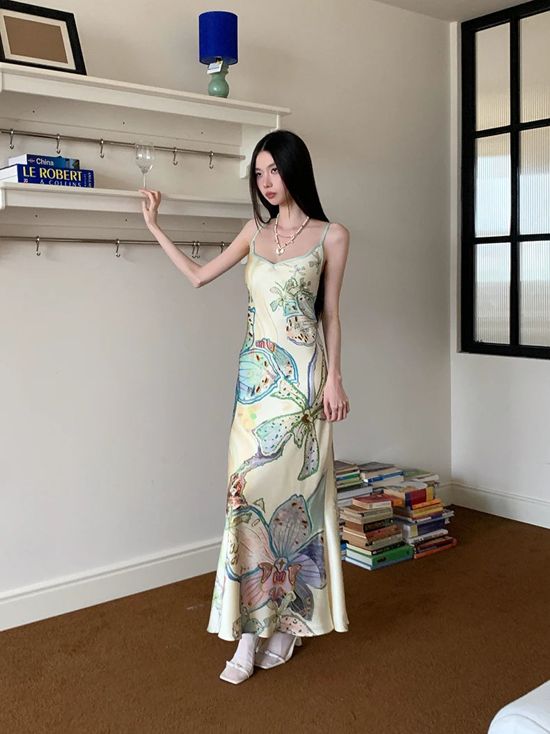 Bxoxo Ocean Flowers Backless Long Mermaid Dress For Woman Summer 2025 V Neck Midi Slip Dress Evening Party Clothes