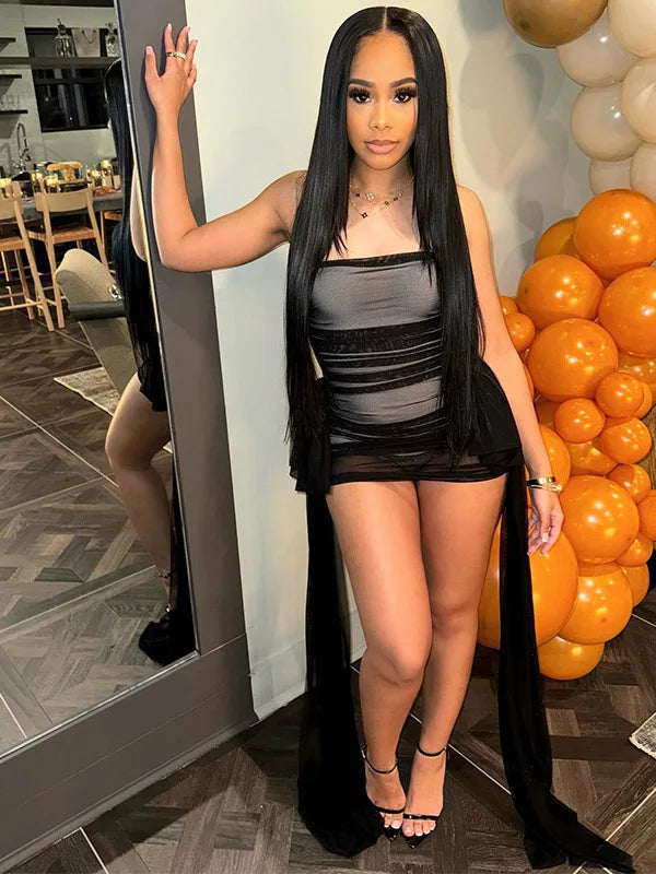 BXOXO  Summer New Sleeveless Bra Strap Short Women Slim Fit Sexy Dress Mesh Spliced Mini Dress Female Party Evening Dress