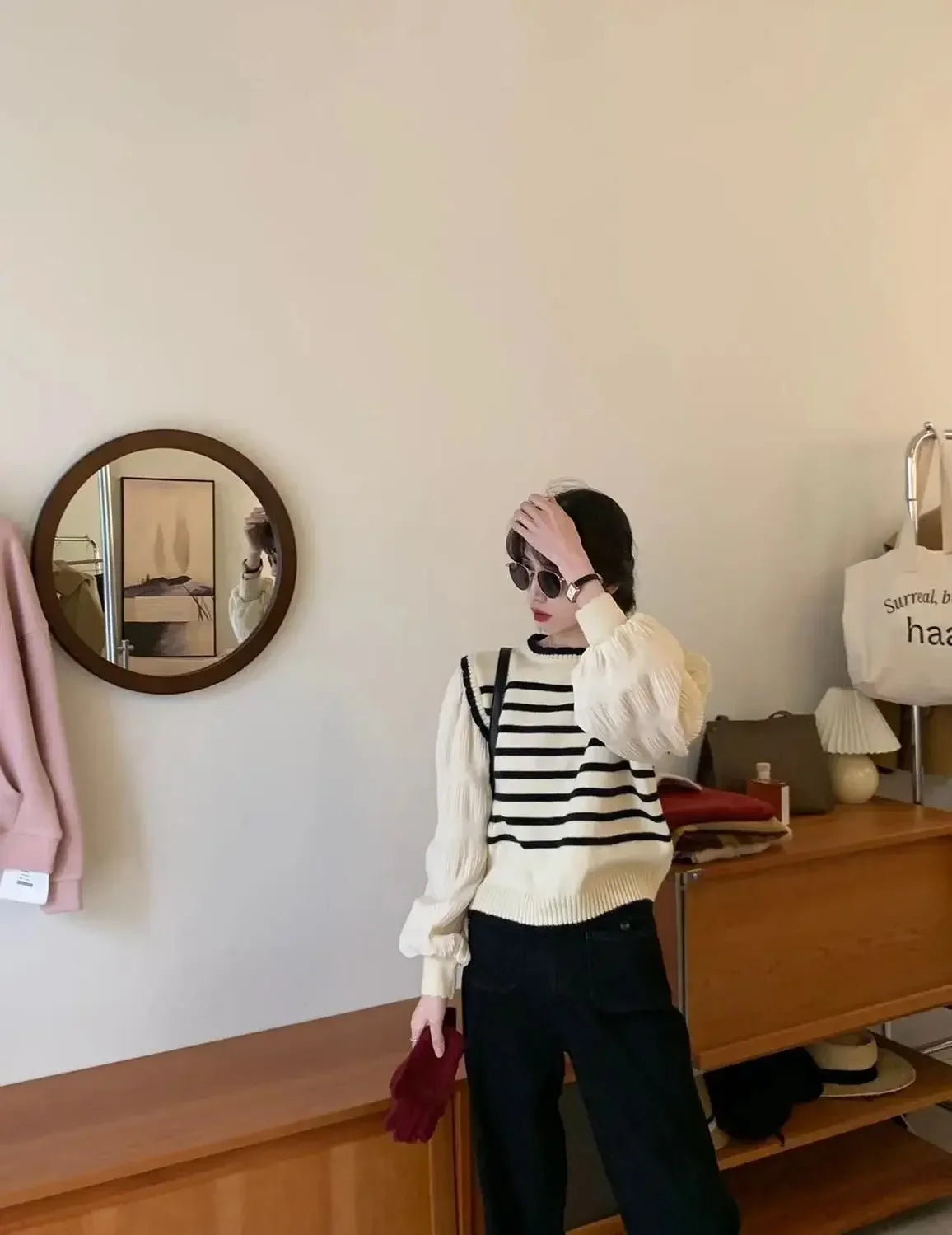 Bxoxo women Black and white striped fake two-piece knitted sweaters pring and autumn Korean soft glutinous pullover sweater female