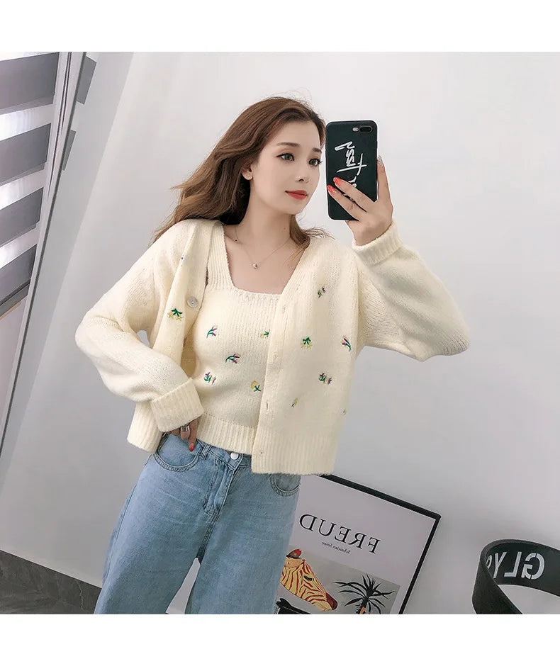 Bxoxo Two-piece Top Suit Flower Embroidered Knitted Korean Style Cardigan Autumn Fashion Sling Sweater Slim Sweet Jacket Sets