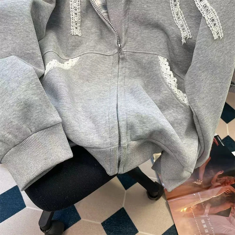Bxoxo Harajuku Plaid Lace Sweatshirts Women Y2K Autumn Sweet Bow Long Sleeve Zipper Hoodies Oversized Loose Preppy All-Match Jacket