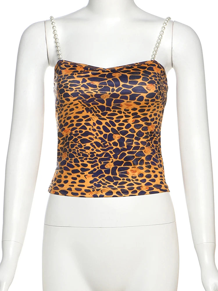 BXOXO Sexy Leopard Print Camisole Women Y2K Pearl Strap Backless Metal Rings Hollow Midnight Clubwear Rave Party Tank Tops
