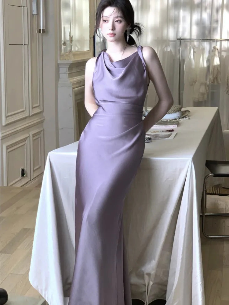 Bxoxo Women's Elegant Summer Party French Dresses Sexy Satin Swing-Collar Slim Bodycon Evening Mermaid Dress Chic Prom Female Clothes