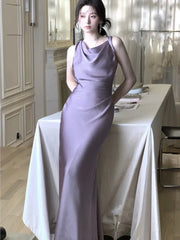 Bxoxo Women's Elegant Summer Party French Dresses Sexy Satin Swing-Collar Slim Bodycon Evening Mermaid Dress Chic Prom Female Clothes
