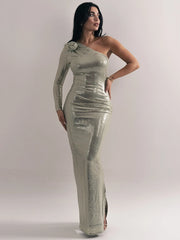 BXOXO Glitter Skew Collar Backless Sexy Maxi Dress For Women Gown Sparkle Rose One Shoulder Bodycon Evening Long Dress