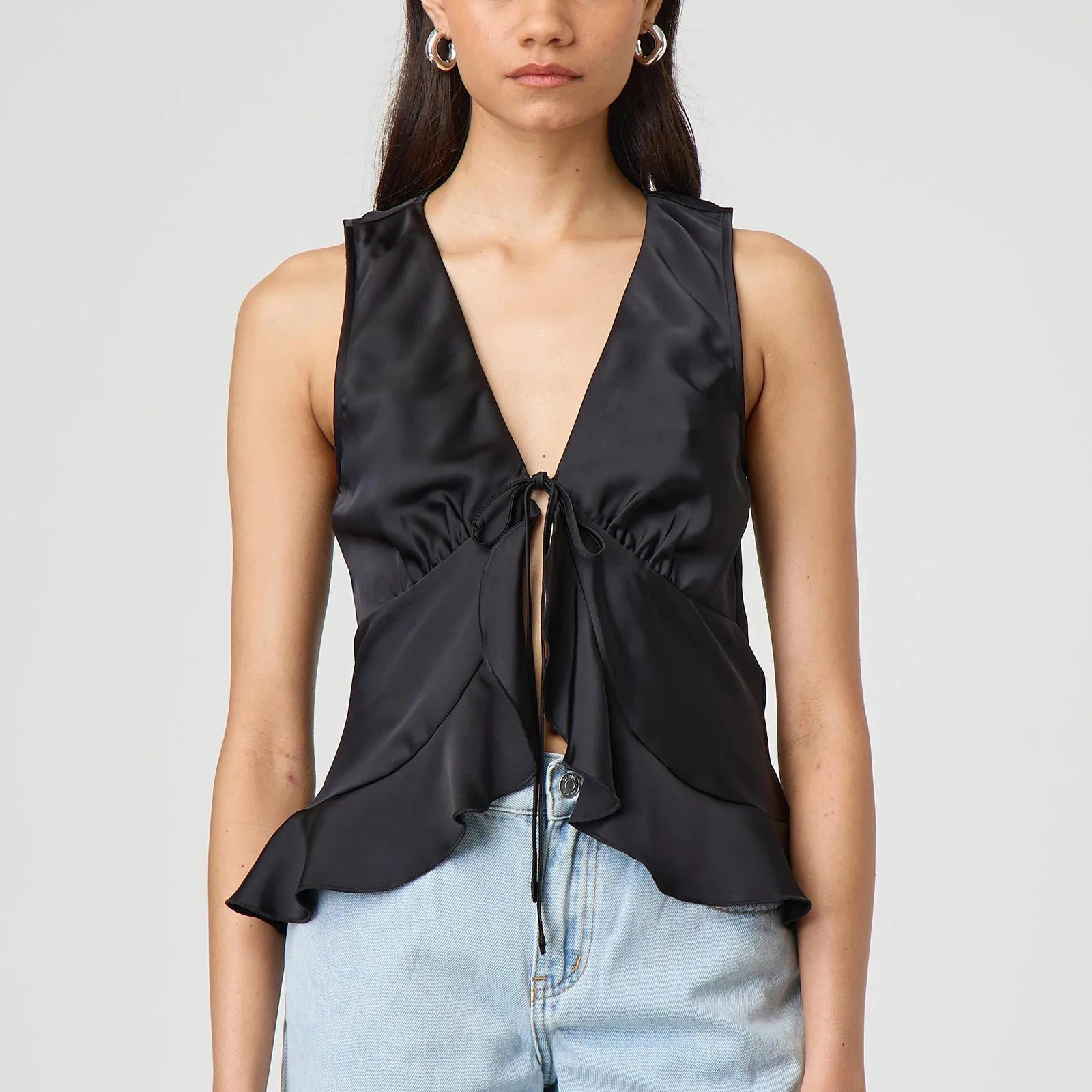 BXOXO Women Fashion Satin Vest Sleeveless Lace Up Front Ruffle Hem Tank Top Solid Color Tie Camisole Summer Going Out Top