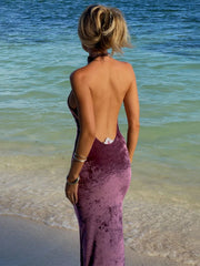 BXOXO Luxury Backless Tassel Dress Women Sexy Lace-Up Halter Solid Sleeveless Half High Collar Beach Vacation Party Bodycon