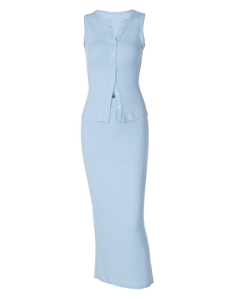 Bxoxo Matching Suit Sleeveless Ribbed Single-Breasted Top Shirt Maxi Skirt 2024 Spring Summer Women'S Clothing Sexy Streetwear