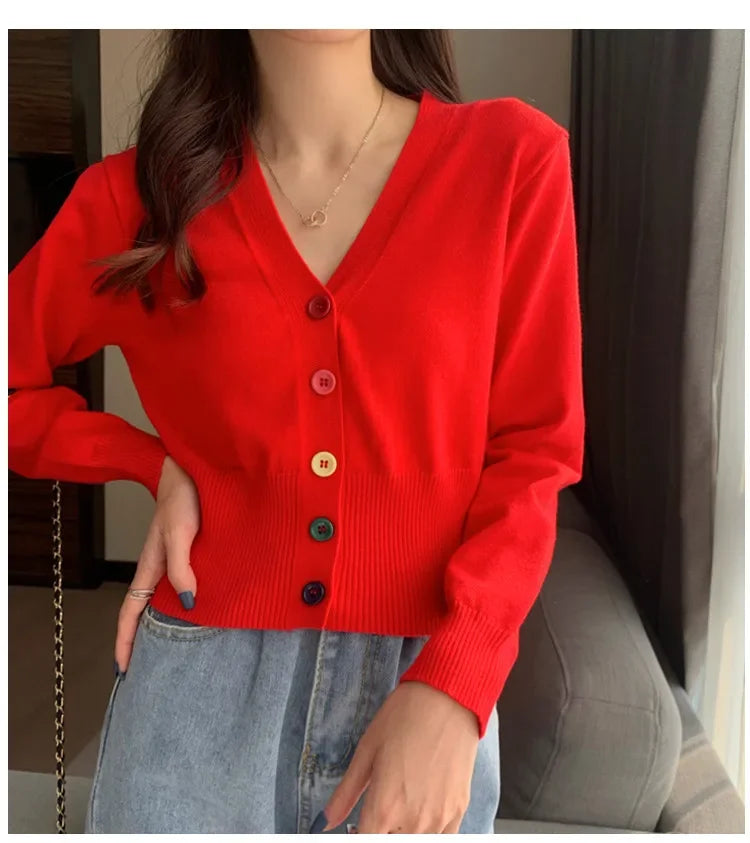 Bxoxo Autumn and Winter Little Fresh Colorful Buttons Younger Slim-Fit Slimming V-Collar Cardigan Long-Sleeved Sweater Top for Women