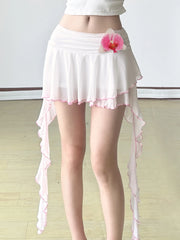 BXOXO Sweet Chic Design Asymmetrical Ribbons Women Mini Skirts Pink Trim 3D Floral Fashion Summer Skirts