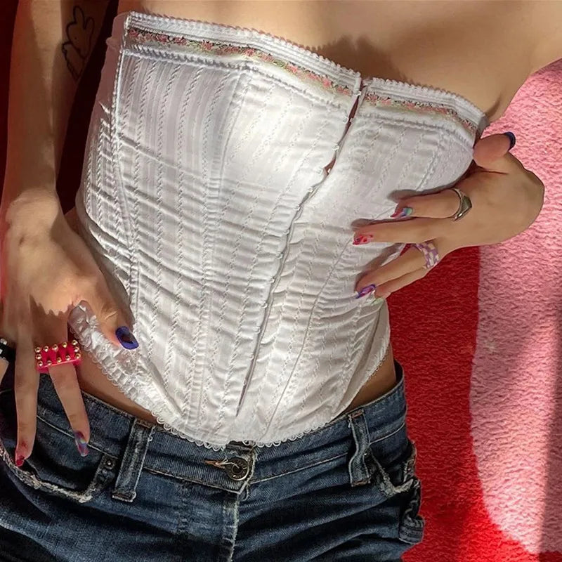 Bxoxo Aesthetic Lace Embroidered Tank Top Y2K Women Sleeveless Skinny Crop Tops Summer Fashion Metal Hook Wrapping Chest Vest