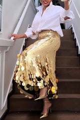 Bxoxo Plus Size Women Formal Skirts Elegant Gold Silver Long Sequin Party Club Evening High Waist Skirts Female Casual Cocktail Skirts