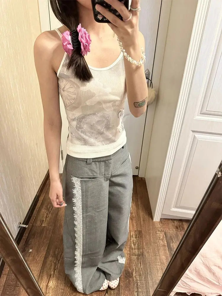 Bxoxo Y2k Gray Lace Women Suit Pants Vintage Harajuku Patchwork Wide Leg Korean Fashion Baggy Trousers Elegant Casual Sweet