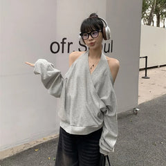 Bxoxo Casual Off Shoulder Sweatshirts Women Sexy Korean Style Loose Pullovers Harajuku Y2k Fashion Long Sleeve Sweatshirts