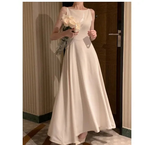 Bxoxo South korea Chic Gentle Sle Light Luxury off-Shoulder Advanced Design Sense  Sleeveless Long Versatile Dress