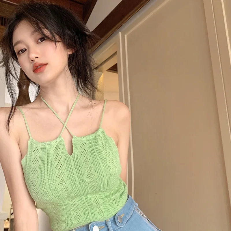 BXOXO Women Green Sexy Halter Tank Tops Summer Hollow Out Knitted Solid Cropped Tops Ladies Strappy Camisole Crop Top For Women