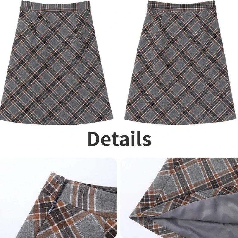 BXOXO Grey Plaid Skirts Women Autumn High Waist French Temper College A-line Skirt Faddish Simple Retro Designer Knee-length Faldas