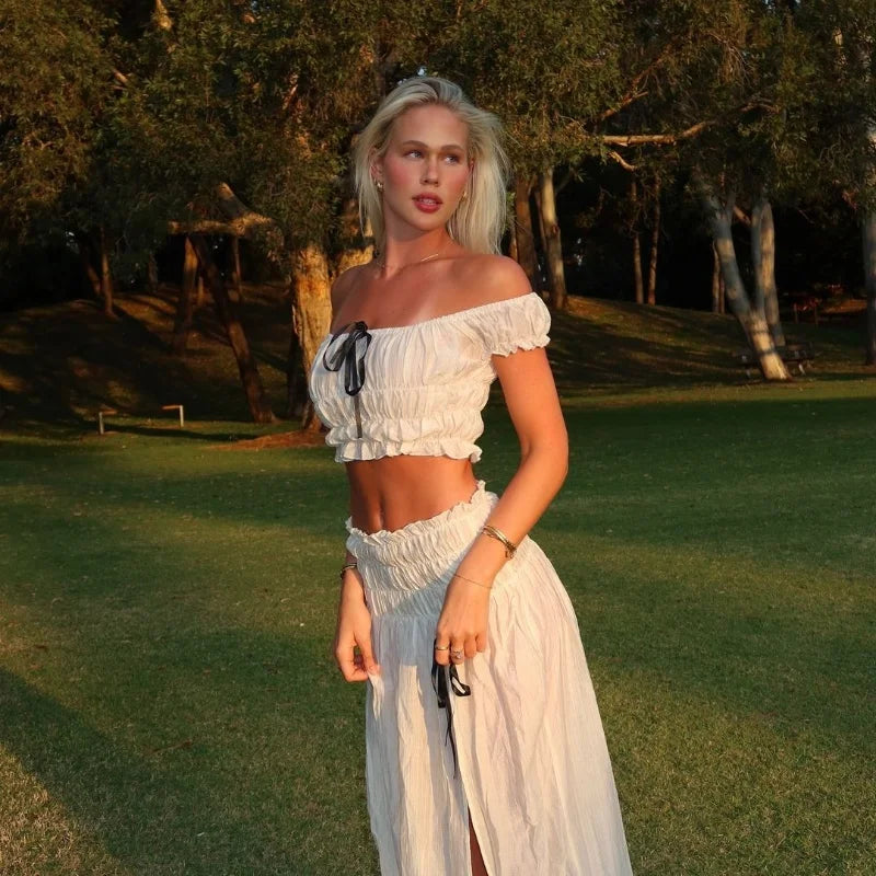 Bxoxo Off Shoulder Sexy Solid All-match Crop Tops and Frilly Ruffle Slit Long Skirt French Summer Vacation Women 2 Piece Set