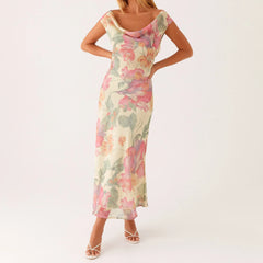 BXOXO Women's Sexy Chiffon Halter Maxi Dress Ruched Tie Dye Plunge Neck Long Dresses Semi Sheer Summer Bohemian Sundress