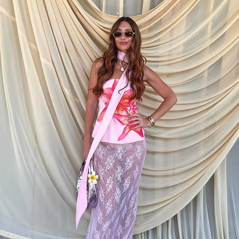 BXOXO Holiday Floral Print Tube Top with Scarf Fairycore y2k Strapless Cropped Tops Women Summer Casual Vest Elegant Aesthetic