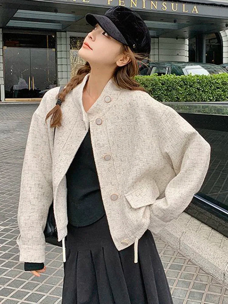 Bxoxo Sweet Women Loose Tweed Jackets Casual Vintage Elegant Long Sleeve Small Fragrance Coats Korean Retro All Match Fall Winter Tops