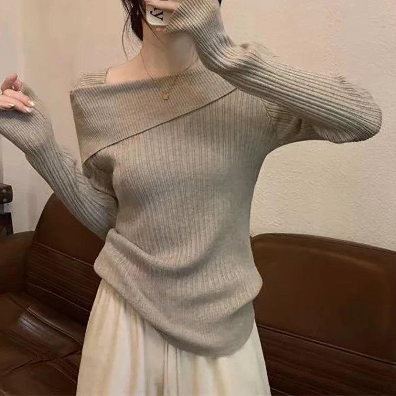 Bxoxo Women Off Shoulder Knit Sweater Slash Neck Long Sleeve Slim Knitwear Jumpers Office Sweater For Women 2024 Autumn Winter