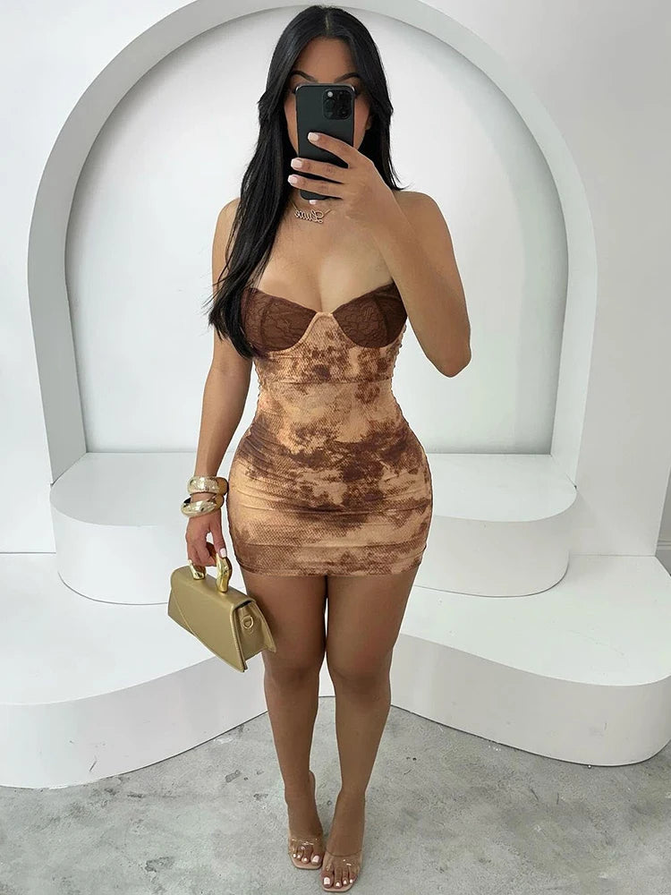 BXOXO Thin Backless Patchwork Dress Women Sexy Spaghetti Strap Sleeveless Skinny Lace Print Midnight Club Party Mini Bodycon