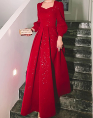 BXOXO Elegant Red Sequins Midi Dress Women Vintage V-neck Formal Occasions Evening Party Dresses Fashion Chic Design New in Dresses