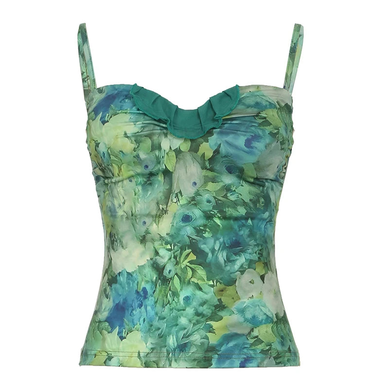 BXOXO French Chic Fashion Elegant Slim Camisole Tops Summer New Green Flower Print Blouses Design Elegant
