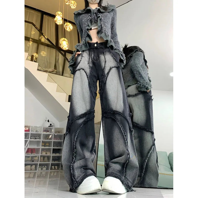 Bxoxo Y2k Vintage Jeans Women Wide Leg Pants High Waist Hip-hop Streetwear Black Trouser Retro Baggy Denim Pants Aesthetics