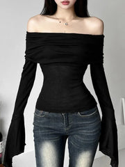 Bxoxo Y2k Aesthetic Women Translucence Tee Shirts Slash Neck Long Sleeve Solid Casual T-Shirts Vintage Off Shoulder Sexy Cute Tshirts
