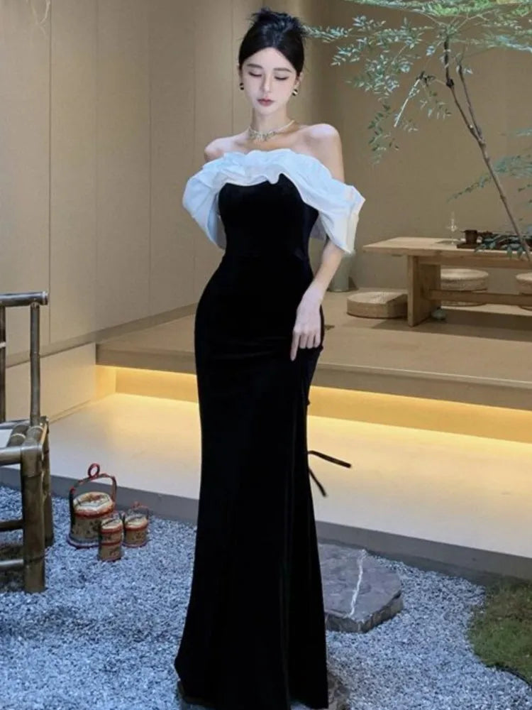 BXOXO Women Sexy Off Shoulder Party Dress New Slim Waist French Patchwork Elegant Lady Maxi Fashion Solid A-line Vestidos Mujers