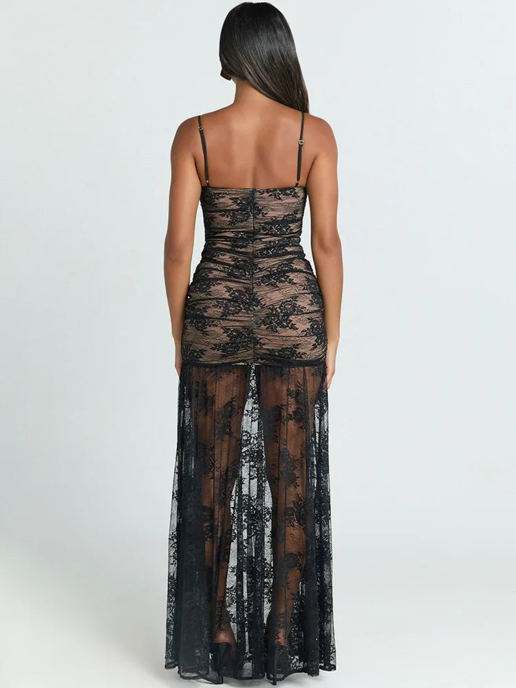 BXOXO Spaghetti Strap Lace Sexy Maxi Dress For Women Gown Black Sleeveless Backless Thigh High Split Bodycon Long Dress