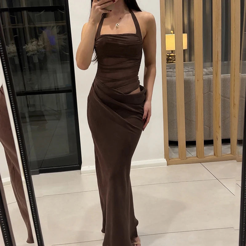 BXOXO Mesh Patchwork Backless Sexy Maxi Dress For Women Gown Fashion Halter Sleeveless Strapless Bodycon Club Long Dress