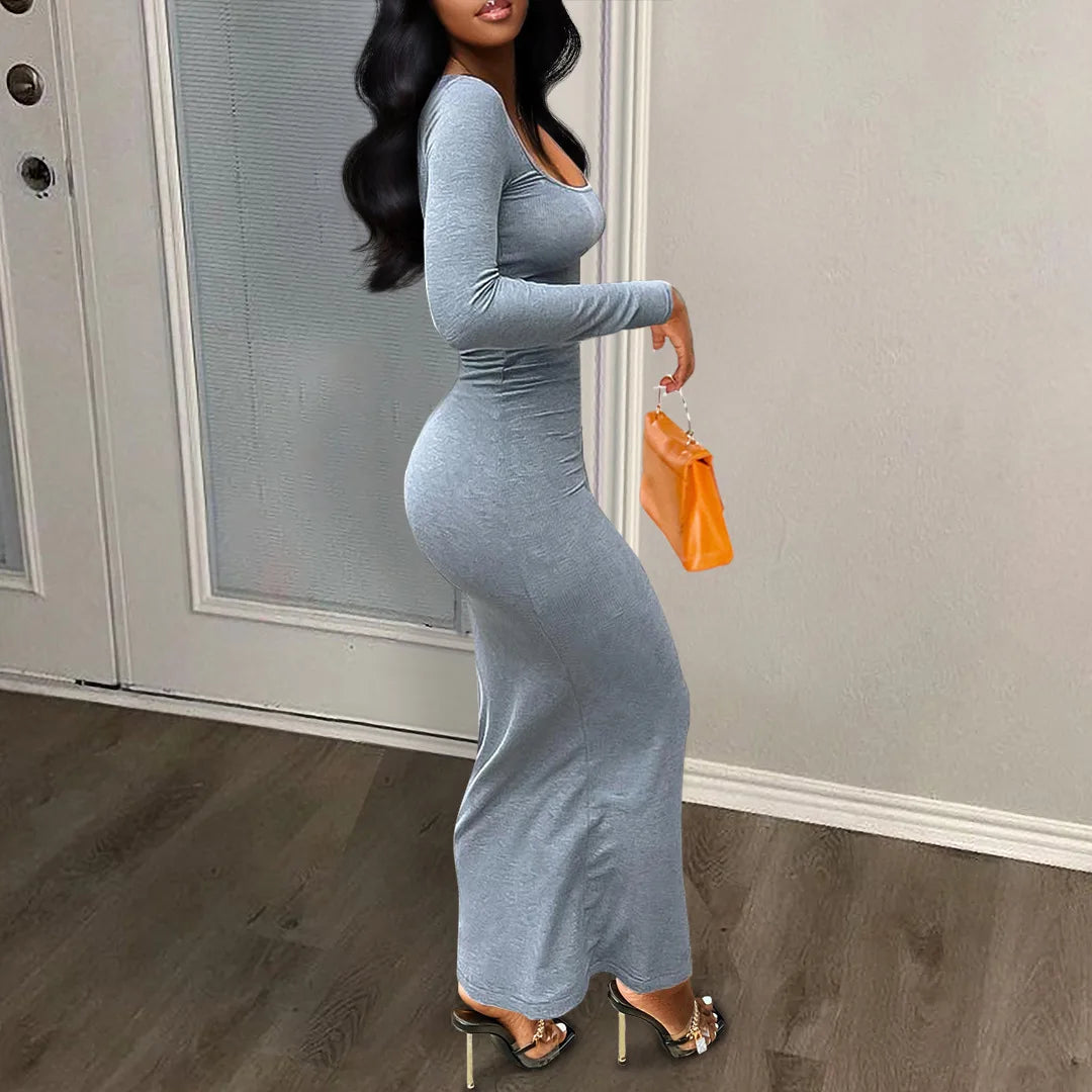 BXOXO Women Dresses Long Sleeve Sheath Square Collar Slim Fit Dress Vestidos Slight Strech Streetwear Solid Sexy Wrap Buttocks