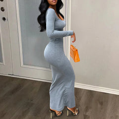 BXOXO Women Dresses Long Sleeve Sheath Square Collar Slim Fit Dress Vestidos Slight Strech Streetwear Solid Sexy Wrap Buttocks