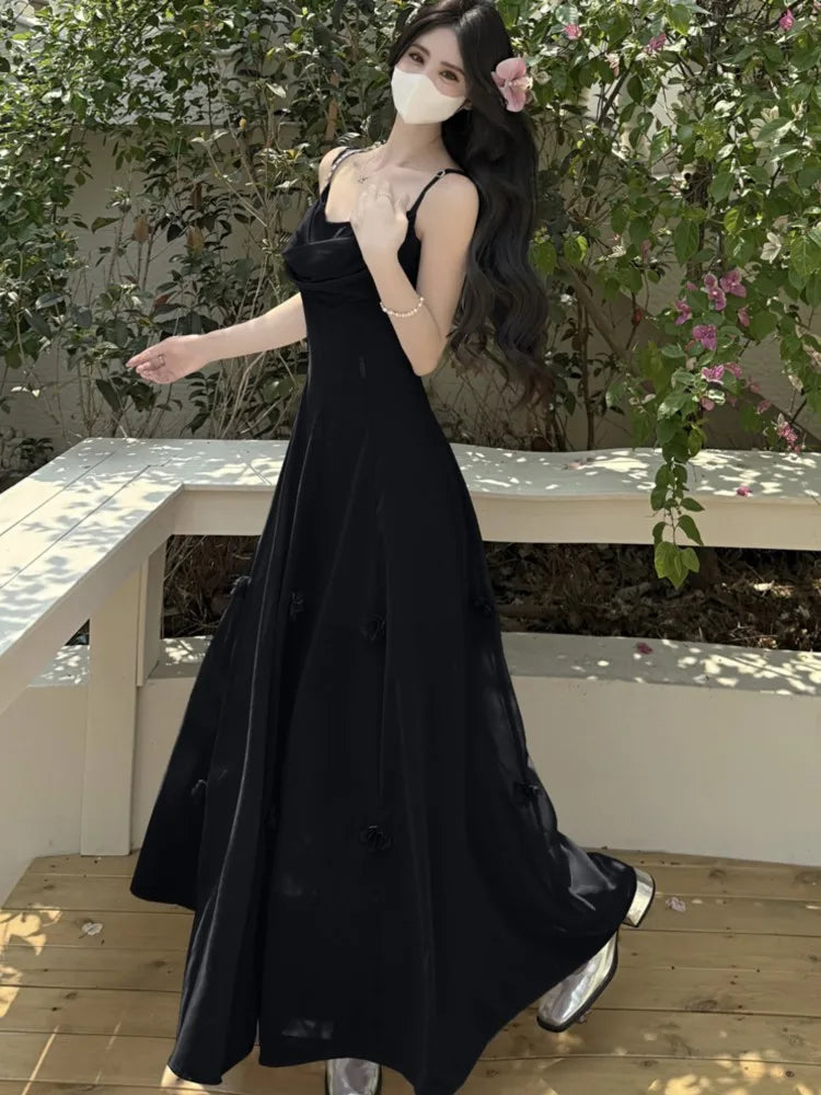 Bxoxo Summer Womens Fairycon Korean Floral Long Dresses New Fashion Slim Waist Spaghetti Strap Party Dress 2025 Holiday Vacation Robe