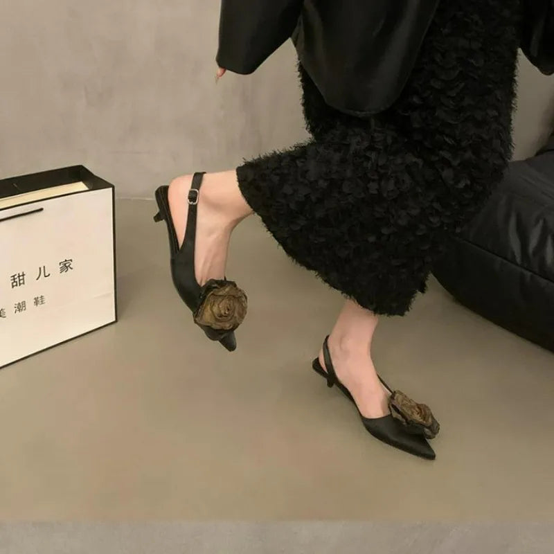 BXOXO New Flower Designer Sandals Women Elegant Satin Mule Shoes Summer Pointed Toe Pumps Low Heel Flowers Slingback Sandals Female