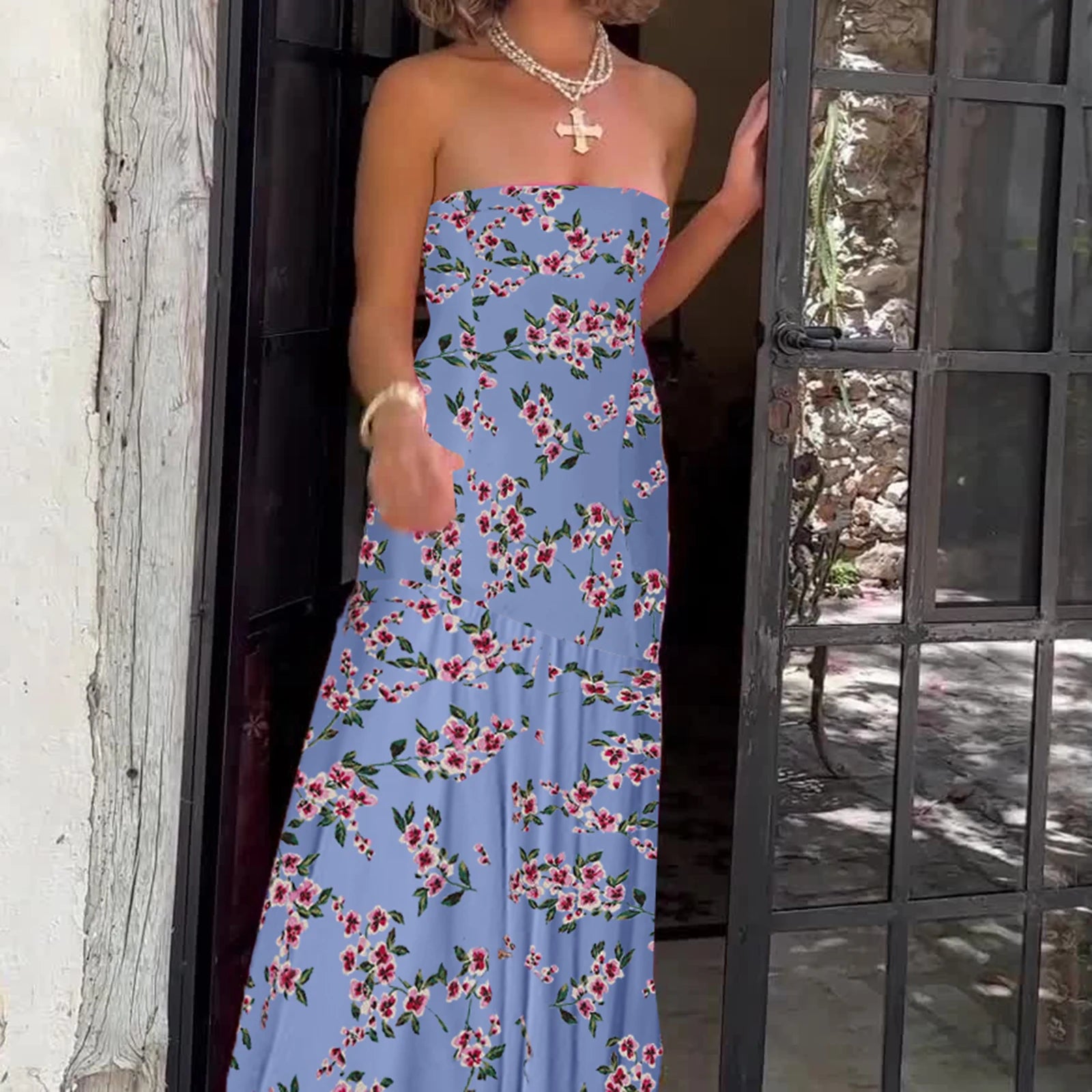 BXOXO Women Y2K Floral Long Tube Dress Strapless Backless Maxi Dress Flowy Sleeveless Boho Sundress Summer Beachwear