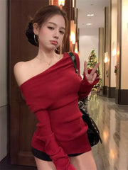 BXOXO Retro Red Knitted Sweater for Women Sexy Slash Neck Slim Fashion Knitted Tops Sweet and Spicy Off Shoulder Pullover Sueter Mujer