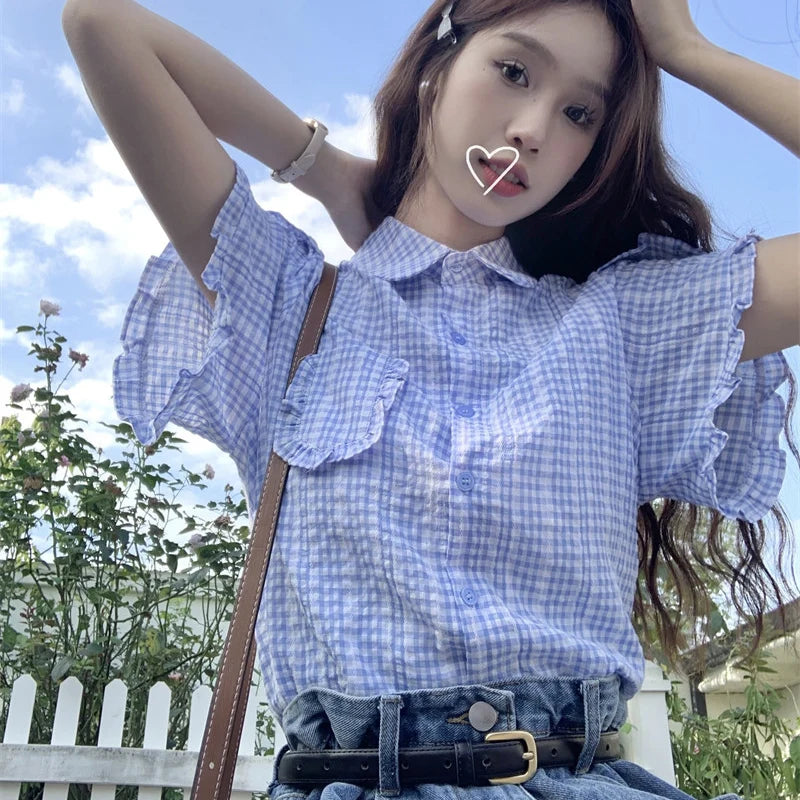 Bxoxo Korean Ruffles Short Sleeve Plaid Shirt Women Preppy Sweet Turn Down Collar Blouse female Summer chic Pocket Button blouse