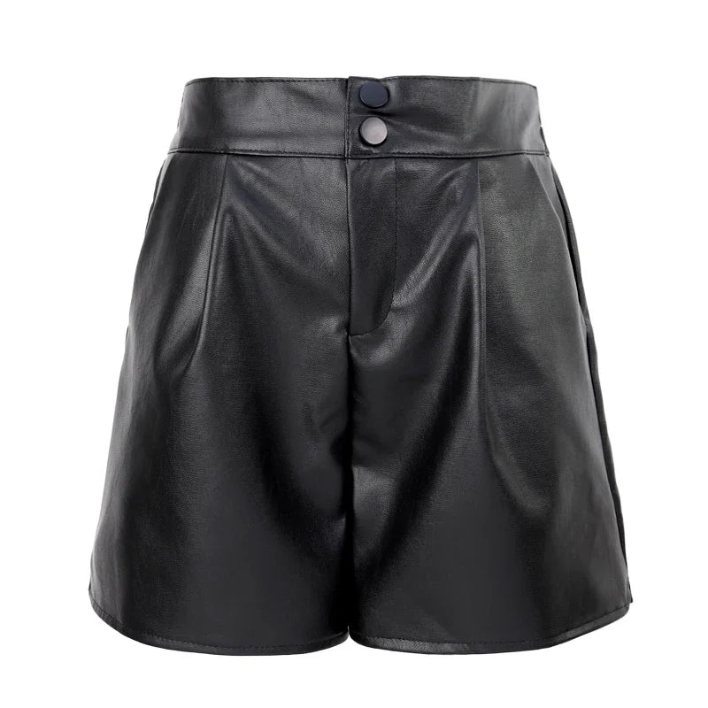 BXOXO Women PU Leather Zipper Shorts Buttons Casual High Waist A-line Shorts Chic Office Loose Trousers For Women Autumn Winter