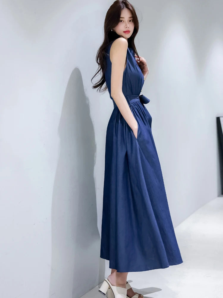 BXOXO Elegant Women Thin Denim Dress Summer Chic Korean Sleeveless A Line Long Dress Fashion Party Night Ladies Vestidos