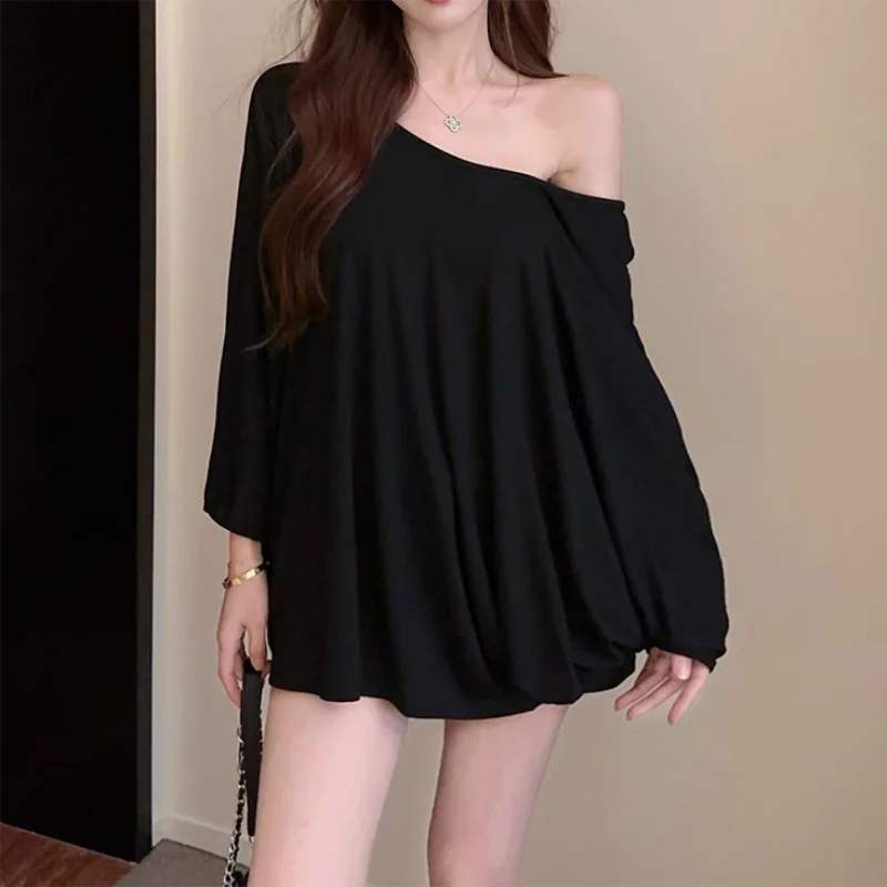 Bxoxo Solid Oversized T-shirt for Women's Casual Loose Top Fashion Bat Sleeves Simple Sexy Off Shoulder Korean Baggy T shirts Autumn