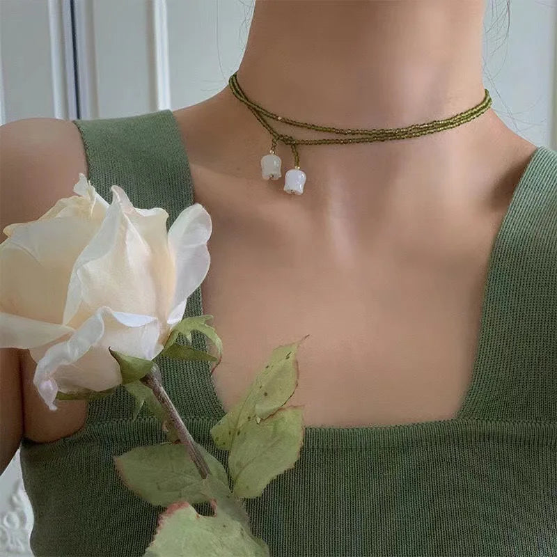 BXOXO Vintage Green Crystal Long Sweater Necklace Summer White Tulip Flower Wedding Aesthetic Jewelry Wholesale