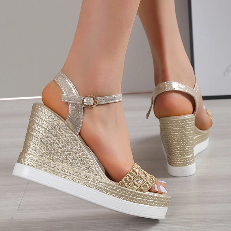 BXOXO Gold Silver Glitters Wedge Sandals Women Buckle Strap Chunky Platform Sandles Woman Summer Non-Slip Thick Sole Sandalias Mujer